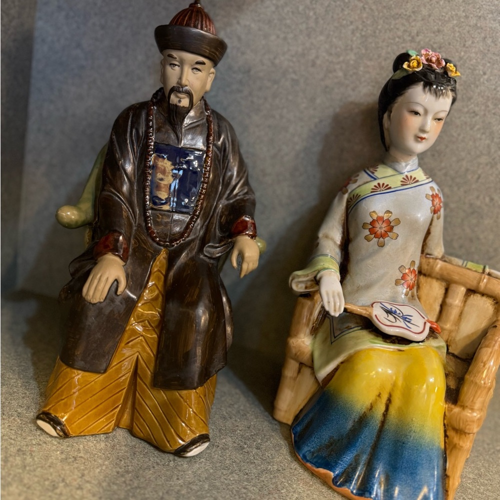 Vintage Porcelain Asian Emperor On Chair & Porcelain Chinese Court Lady